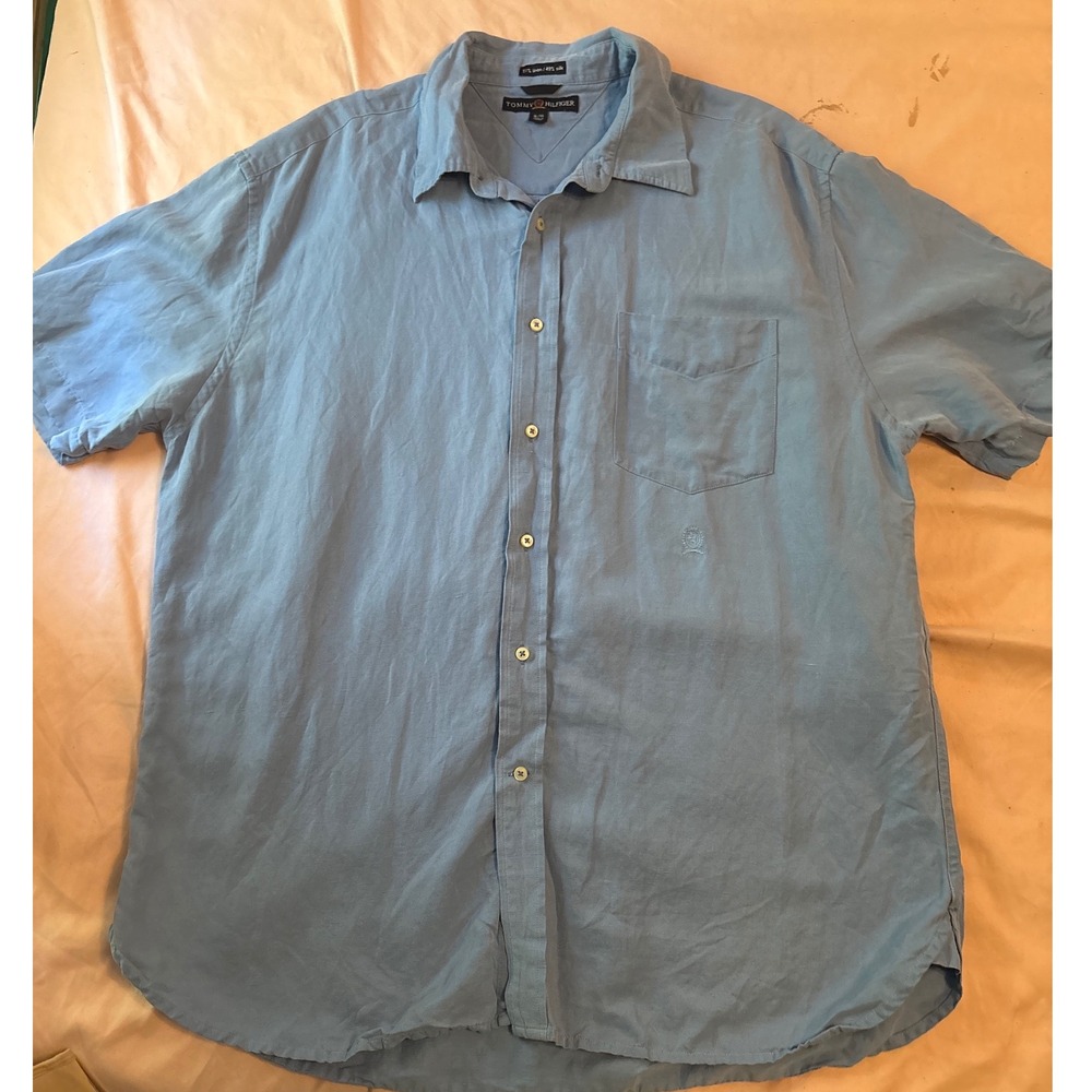 Tommy Hilfiger Vintage Men's Blue Linen & Silk Short Sleeve Button‎ Up Shirt, XL